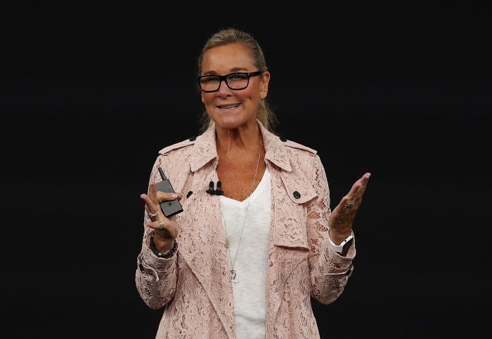 Apple senior vice president of retail Angela Ahrendts speaking at an Apple event on Sept. 12. Photo: Justin Sullivan/Getty Images
