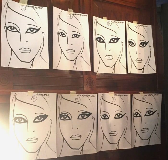 The eight different eyeliner looks posted on face charts for the backstage makeup team to reference. Photo: Stephanie Saltzman/Fashionista