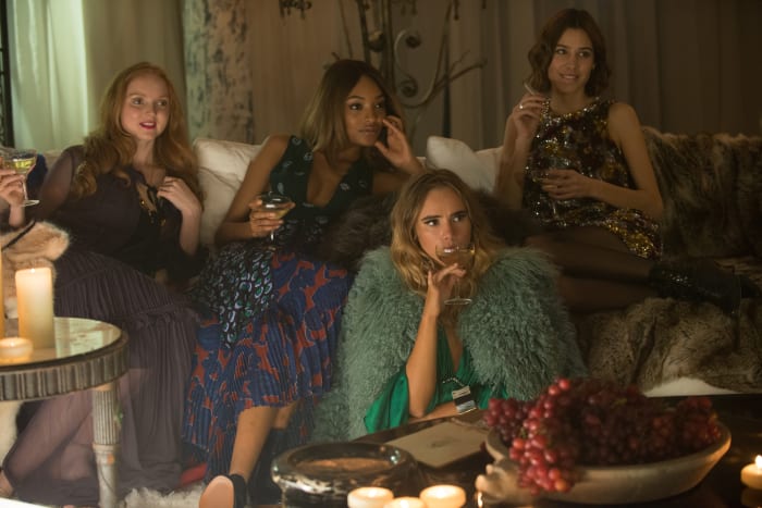Lily Cole, Jourdan Dunn, Suki Waterhouse and Alexa Chung in the dream sequence. Photo by David Appleby/Twentieth Century Fox Film Corporation