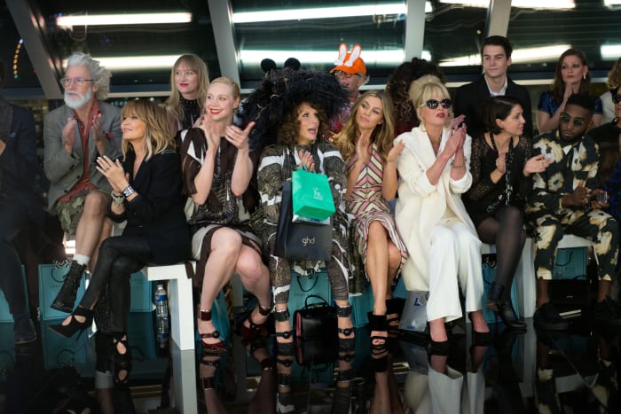 Lulu, Gwendoline Christie, Jennifer Saunders as Edina, Abbey Clancy, Joanna Lumley as Patsy, Sadie Frost and Tinie Tempah. Photo: 'Absolutely Fabulous: The Movie'/Twentieth Century Fox Film Corporation