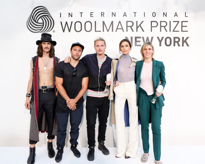 From left to right: A model wearing Rochambeau's winning look, designers Joshua Cooper and Laurence Chandler of Rochambeau, a model wearing Gabriela Hearst's winning look and designer Gabriela Hearst.