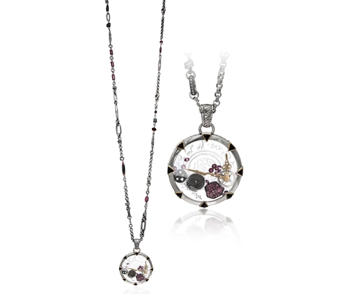 Stephen Dweck Alice shaker pendant with Rhodolite Garnet, etched Crystal Quartz, and Black Agate in sterling silver with 18kt yellow gold details, $3,000, available via special order at Roseark. Photo: Courtesy of Disney