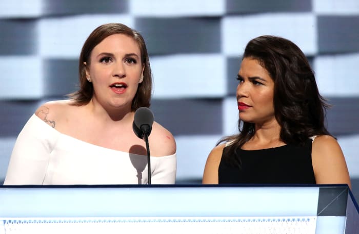 Lena Dunham and America Ferrera at the Democratic National Convention in Philadelphia. Photo: Paul Morigi/Getty Images