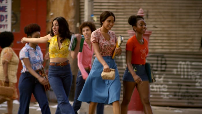 San Juan looked to disco culture icons, including Studio 54, Pam Grier covering 'Jet' magazine and Bianca Jagger to dress Regina (Shyrley Rodriguez), Mylene (Herizen F. Guardiola) and Yolanda (Stefanée Martin). Photo: Netflix