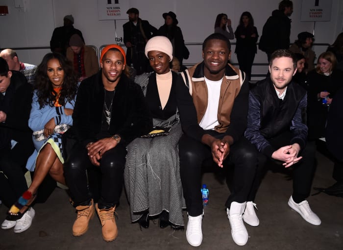 June Ambrose, Victor Cruz, Rachel Johnson, Julius Randle and Shawn Ashmore FROW at the fall 2015 Ovadia & Sons runway show. Photo: Ilya S. Savenok/Getty Images