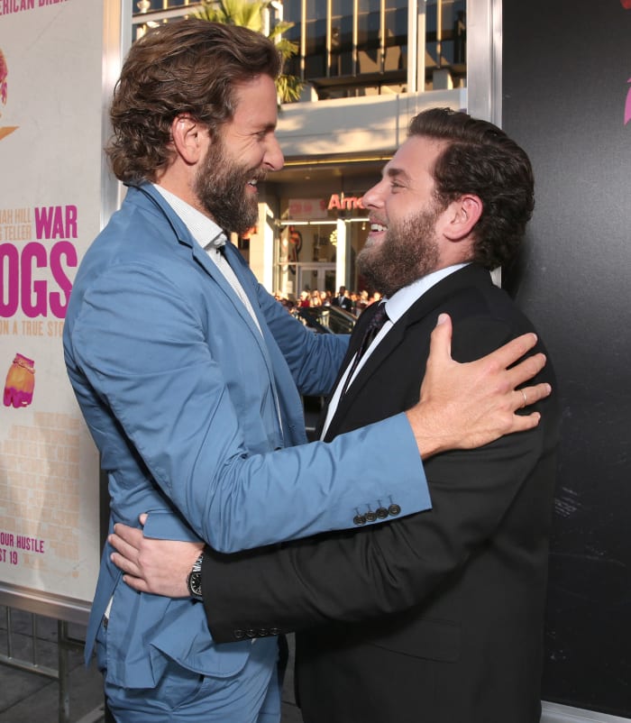 Bradley Cooper and Jonah Hill having so much fun in beards and suits. Photo: Todd Williamson/Getty Images