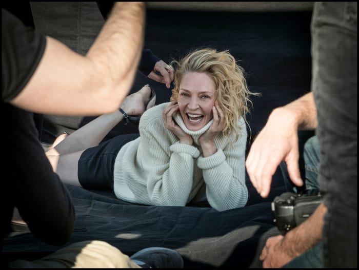 Uma Thurman in behind the scenes imagery from the 2017 Pirelli Calendar by Peter Linbergh. Photo: Alessandro Scotti