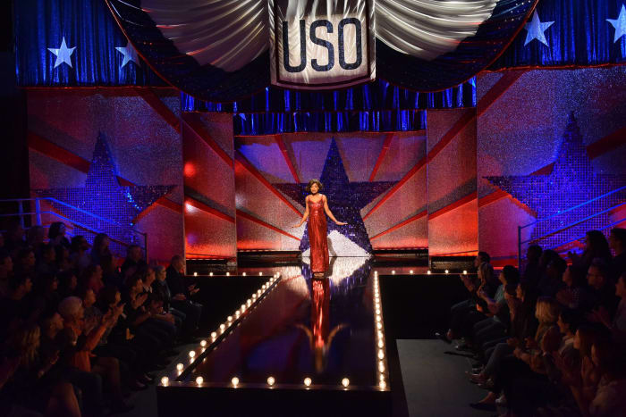 "Back when we were doing it, we were keeping it a big secret," Long says. Marty in her sequin fantasy runway gown (with the second blue peignoir tucked underneath). Photo: Michael Becker/FOX