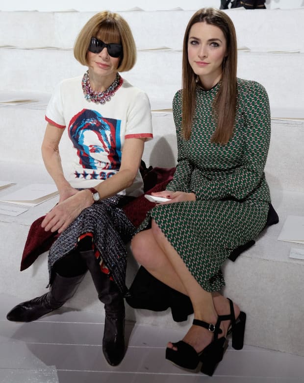 Anna Wintour wears a Marc Jacobs-designed Hillary Clinton T-shirt with daughter Bee Shaffer at his fall/winter 2016 show in February. Photo: Dimitrios Kambouris