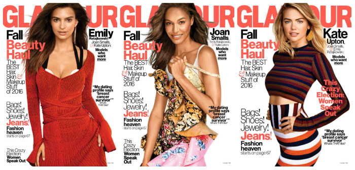 Emily Ratajkowski, Joan Smalls and Kate Upton on the October 2016 issue of "Glamour." Photos: Carter Smith