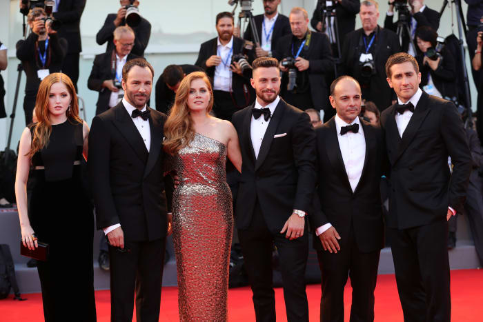 Ellie Bamber, Tom Ford, Amy Adams, Aaron Taylor Johnson, Robert Salerno and Jake Gyllenhaal at the Venice Film Festival. Photo: Vittorio Zunino Celotto/Getty Images