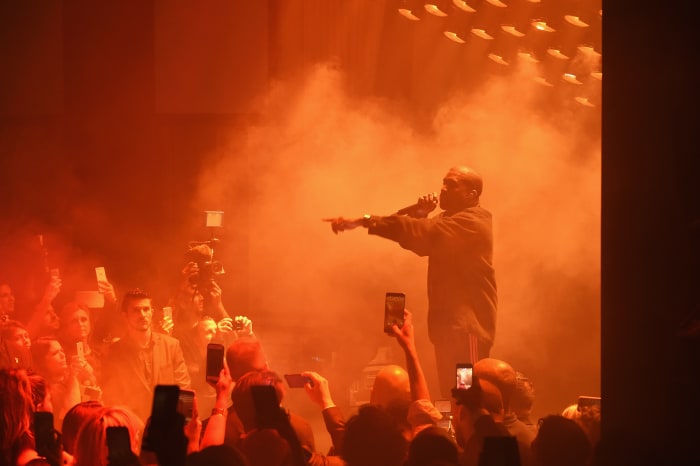 Kanye West performing at Carine Roitfeld's "Harper's Bazaar" Icons party on Friday in New York City. Photo: Jamie McCarthy/Getty Images