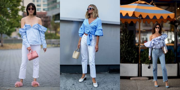 Eva Chen in J.W. Anderson, Mansur Gavriel and Brother Vellies (left) and Hedvig Sagfjord Opshaug in Johanna Ortiz (right). Photos: Imaxtree, Emily Malan/Fashionista, Imaxtree
