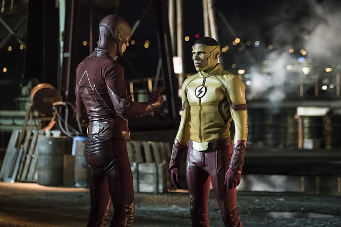 The Flash/Barry Allen (Grant Gustin) and Kid Flash/Wally West (Keiynan Lonsdale) possibly discussing the benefits of full-cowl versus half-cowl. Photo: Katie Yu/The CW
