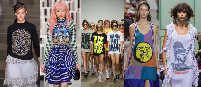 Looks from L-R: Christopher Kane, Mary Katrantzou, House of Holland, Peter Pilotto and J.W. Anderson. Photos: Imaxtree