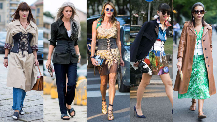 Corsets on the streets of Milan on Wednesday and Thursday. Photos from left to right: Chiara Marina Grioni/Fashionista, Imaxtree, Chiara Marina Grioni/Fashionista, Emily Malan/Fashionista, Chiara Marina Grioni/Fashionista