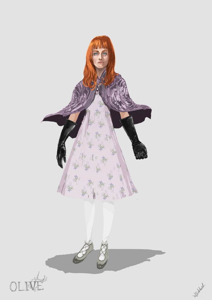 In a couple scenes, Olive also wears a beautiful structured lilac and cerulean blue cape, which Atwood based off an Edwardian-style piece from her archive. Sketch: Colleen Atwood