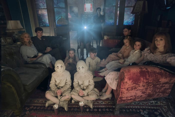 Terrifying. Seated on the floor: the twins (Thomas and Joseph Odwell), Fiona (Georgia Pemberton) and Hugh (Milo Parker), Left to right: Emma (Ella Purnell), Jake (Asa Butterfield), Horace (Hayden Keeler-Stone), Miss Peregrine (Eva Green), Enoch (Finlay Macmillan), Claire (Raffiella Chapman), Bronwyn (Pixie Davies) and Olive (Lauren McCrostie). Photo Credit: Leah Gallo.