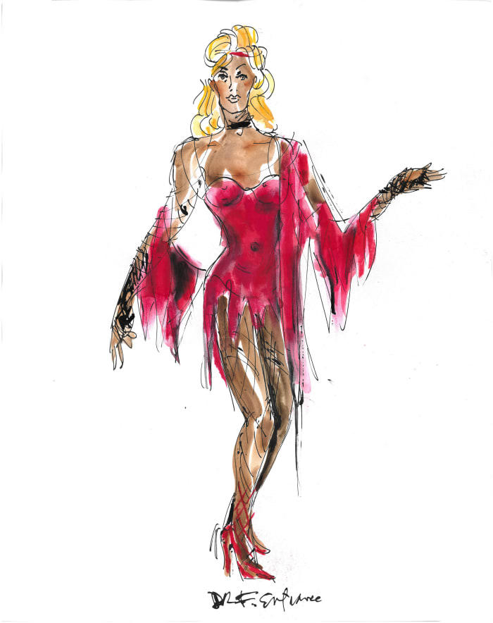 "I did a coagulated blood out of the red bugle beads," said Long. "This was supposed to be a whole gown then we decided it would be a tunic, so we still wanted to see the legs." Sketch: William Ivey Long