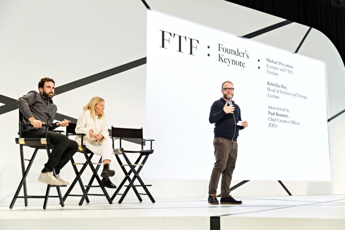 Everlane's Michael Preysman and Rebekka Bay on stage at the Fashion Tech Forum with Ideo CCO Paul Bennett. Photo: Fashion Tech Forum
