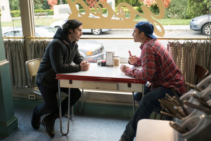 Jess (Milo Ventimiglia), who's always had a knack for layering, and Luke in deep discussion at Luke's diner. Photo: Saeed Adyani/Netflix