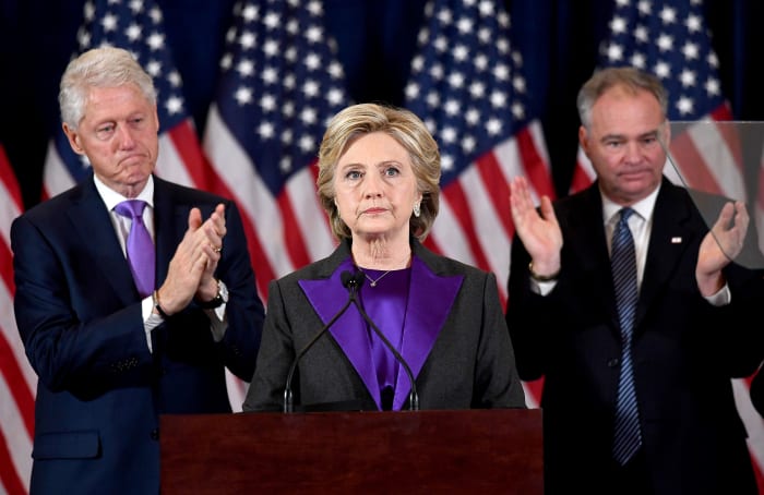 Hillary Clinton makes a concession speech as former President Bill Clinton look on in New York on Wednesday. Photo: Jewel Samad/AFP/Getty Images