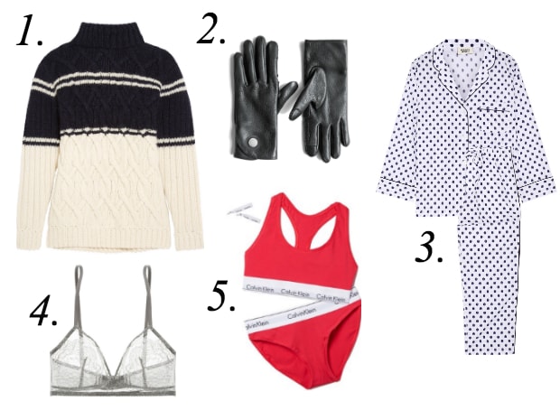 1. J.Crew Edna Cable-Knit Turtleneck Sweater, $200, available at Net-a-Porter. 2. The Arrivals Aachen Deerskin Glove, $95, available at The Arrivals. 3. Sleepy Jones Marina Swiss-Dot Cotton-Poplin Pajama Set, $285, available at Net-a-Porter. 4. Eres Montsouris Mabillon Chantilly Lace Soft-Cup Triangle Bra, $300, available at Net-a-Porter. 5. Calvin Klein Modern Cotton Gift Set, $48, available at Shopbop.