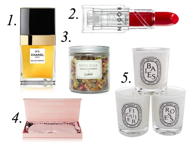 1. Chanel N°5 Eau de Parfum Travel Spray, $76, available at Sephora. 2. Rodin Red Hedy Lipstick, $38, available at Barneys New York. 3. Mullein & Sparrow for Catbird Bath Soak, $22, available at Catbird. 4. Slip Silk Eye Mask, $45, available at Net-a-Porter. 5. Diptyque Votive Candle Set, $90, available at Nordstrom.