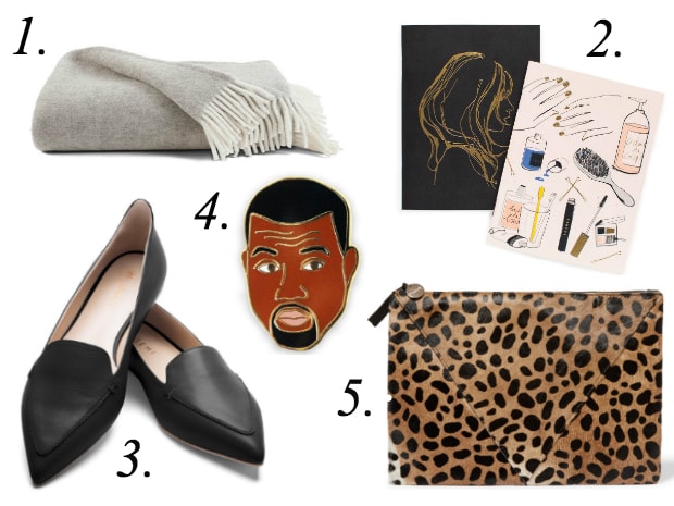 1. Brooklinen Fall Throw Blanket, $229, available at Brooklinen. 2. Rifle Paper Co. x Garance Doré Beauté Pocket Notebooks, $10, available at Rifle Paper Co. 3. M.Gemi Stellato, $198, available at M.Gemi. 4. Kanye Pin, $15 each, available at Shopbop. 5. Clare V Patchwork Leopard-Print Calf Hair Clutch, $245, available at Net-a-Porter.