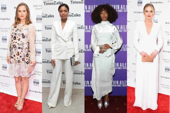 Natalie Portman in Rodarte. Photo: Michael Loccisano/Getty Images; Naomie Harris in Dolce & Gabbana. Photo: Steve Zak Photography/Getty Images; Solange Knowles. Photo: Ben Gabbe/Getty Images; Margot Robbie in Calvin Klein. Photo: Michael Loccisano/Getty Images