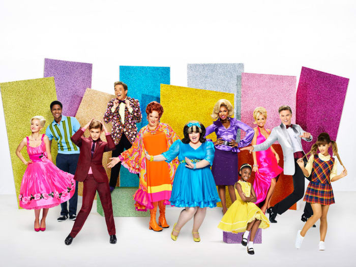 Left to right: Amber Von Tussle (Dove Cameron), Seaweed J. Stubbs (Ephraim Skyes), Link Larkin (Garrett Clayton), Wilbur Turnblad (Martin Short), Edna Turnblad (Harvey Fierstein), Tracy Turnblad (Maddie Baillio), Motormouth Maybelle (Jennifer Hudson), Little Inez (Shahadi Wright Joseph), Velma Von Tussle (Kristin Chenoweth), Corny Collins (Derek Hough) and Penny Pingleton (Ariana Grande). Photo: Brian Bowen Smith/NBC