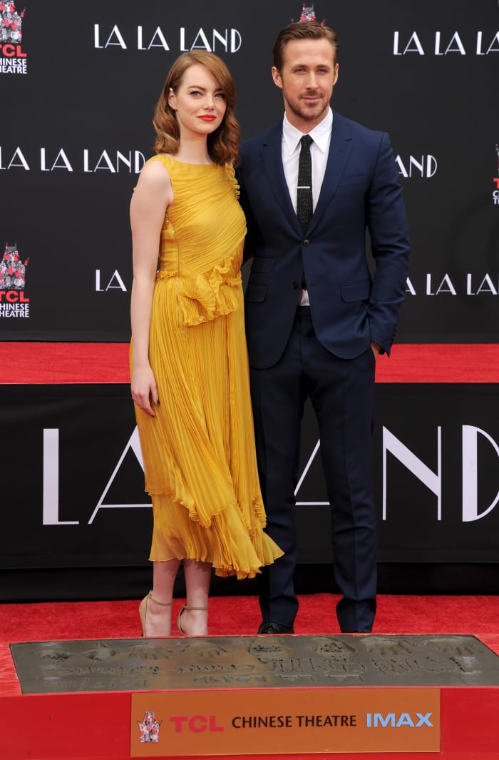 Emma Stone in Rochas and Ryan Gosling in Gucci at their Hand and Footprint Ceremony at the TCL Chinese Theatre on Wednesday in Hollywood. Photo: Gregg DeGuire/WireImage