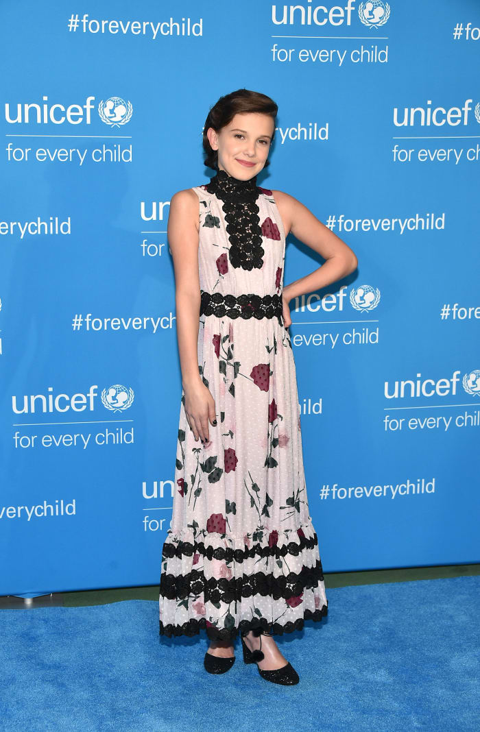 Millie Bobby Brown in Kate Spade New York at UNICEF's 70th Anniversary Event in New York City on Monday. Photo: Mike Coppola/Getty Images