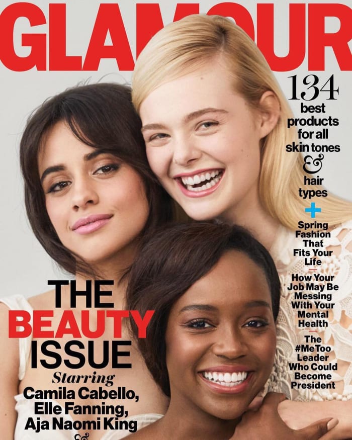 Elle Fanning, Camila Cabello and Aja Naomi King on the April cover of "Glamour." Photo: @glamourmag/Instagram