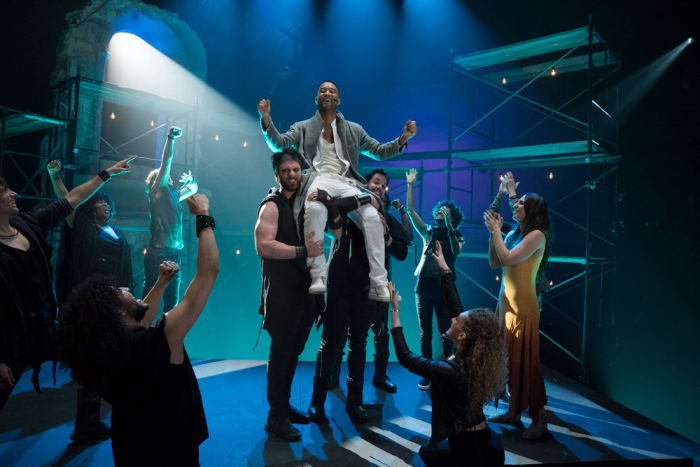 The ensemble cast with Jesus of Nazareth (John Legend) and Mary Magdalene (Sara Bareilles). Photo: Virginia Sherwood/NBC