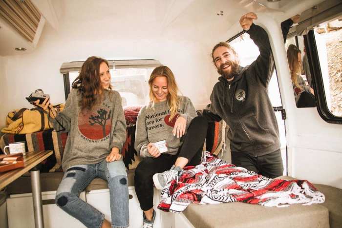 Joshua Tree Layers Fleece Sweatshirt, $70 and National Parks Are for Lovers Fleece Sweatshirt, $70. (Joshua Tree Bar Sun Zip Hoodie no longer available.) Photo: @parksproject/Instagram