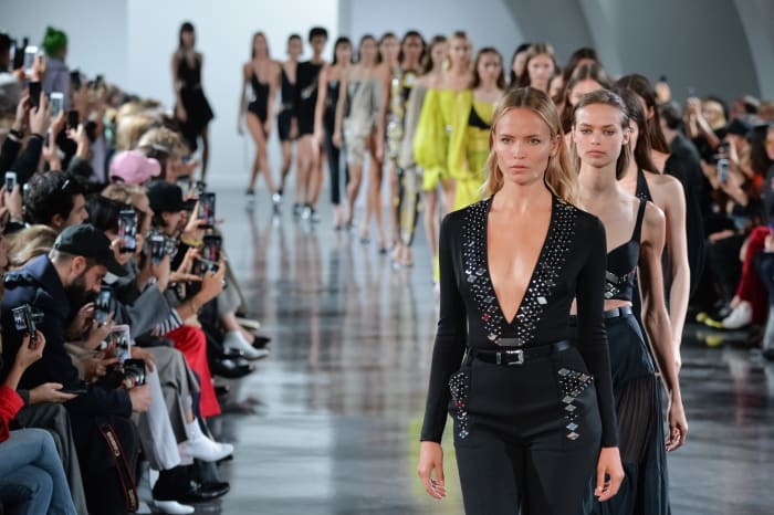 The finale of Mugler's Spring 2018 show during Paris Fashion Week; this presentation was designer David Koma's last for the house. Photo: Francois Durand/Getty Images