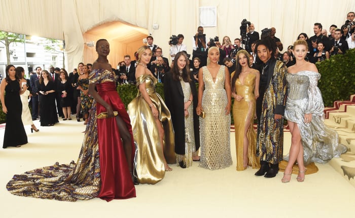 Alek Wek, Jasmine Sanders, Valerie Messika, Kiersey Clemons, Olivia Munn, Luka Sabbat and Lili Reinhart at the opening of the "Heavenly Bodies: Fashion and the Catholic Imagination" exhibit at the Met. Photo: Jamie McCarthy/Getty Image