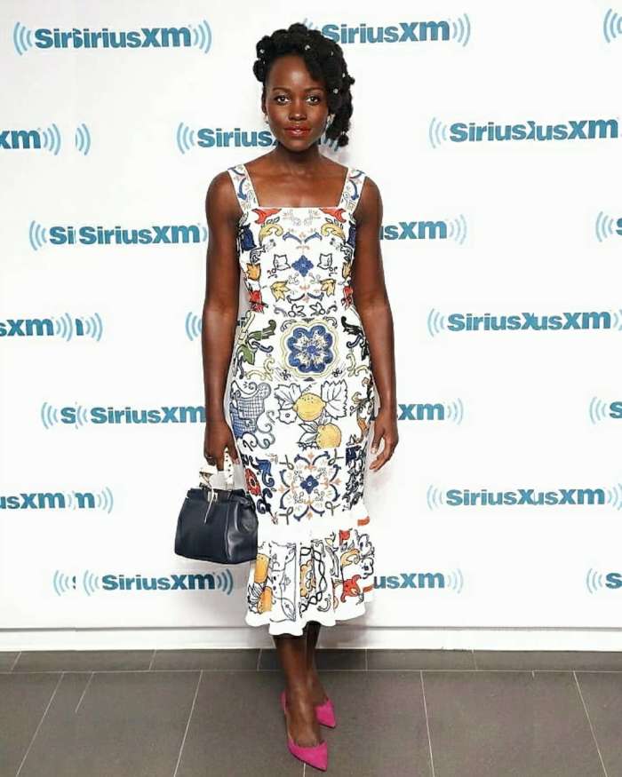 Lupita Nyong'o in Dolce & Gabbana at SiriusXM Studios in New York on Wednesday. Photo: @micaelaerlanger/Instagram