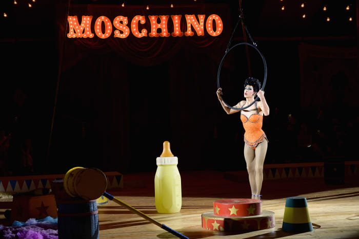 A performer onstage during the Moschino Resort 2019 runway show in Los Angeles. Photo: Matt Winkelmeyer/Getty Images