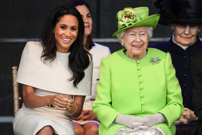 Queen Elizabeth II with Meghan, Duchess of Sussex during a ceremony in Cheshire, England on Thursday. Photo: Jeff J Mitchell/Getty Images