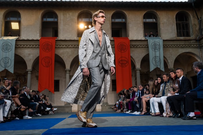 A look from Paul Surridge's debut menswear collection for Roberto Cavalli. Photo: Pietro D'aprano/WireImage