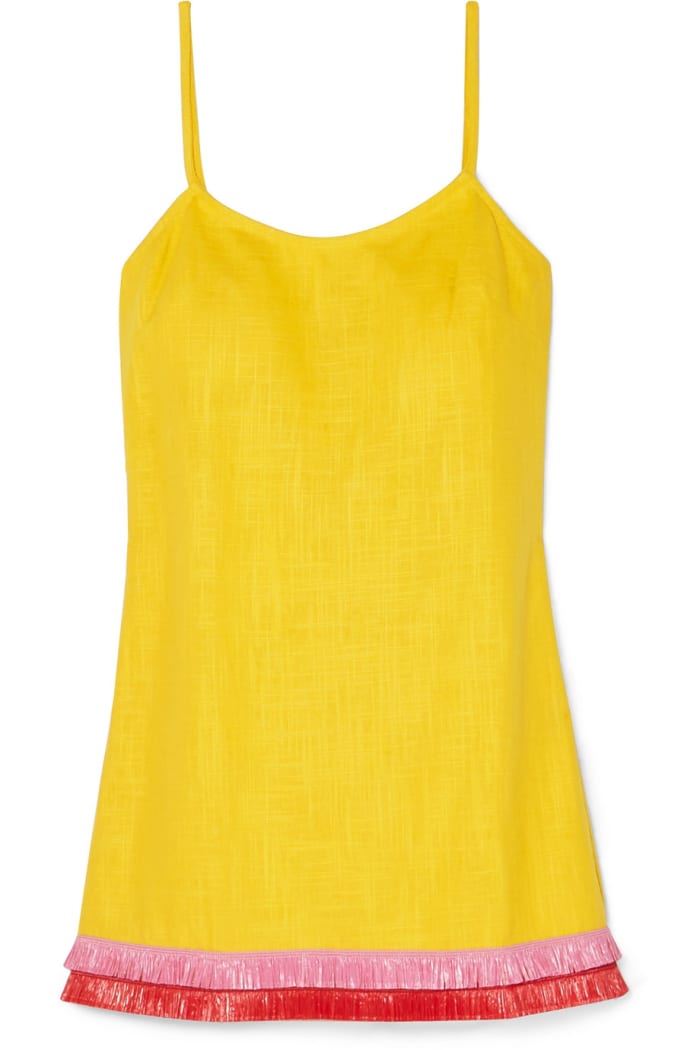 Staud Sonny Fringed Linen-Blend Mini Dress, $195, available here.