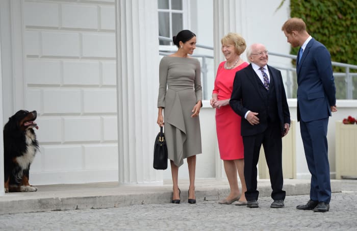 Meghan, Duchess of Sussex and Prince Harry, Duke of Sussex, meet Ireland's President, Michael Higgins and his wife Sabina Coyne in Dublin, Ireland. Photo: Clodagh Kilcoyne/WPA Pool/Getty Images