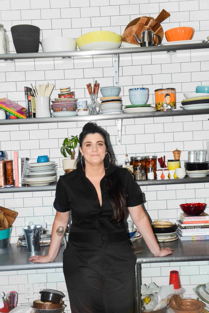 Cara Nicoletti, butcher, in Tilit's jumpsuit. Photo: Liz Barclay