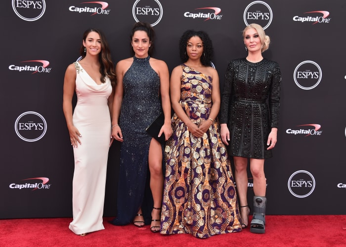 Aly Raisman, Jordyn Wieber, Tiffany Thomas Lopez and Sarah Klein at the 2018 ESPY Awards. Photo: Alberto E. Rodriguez/Getty Images