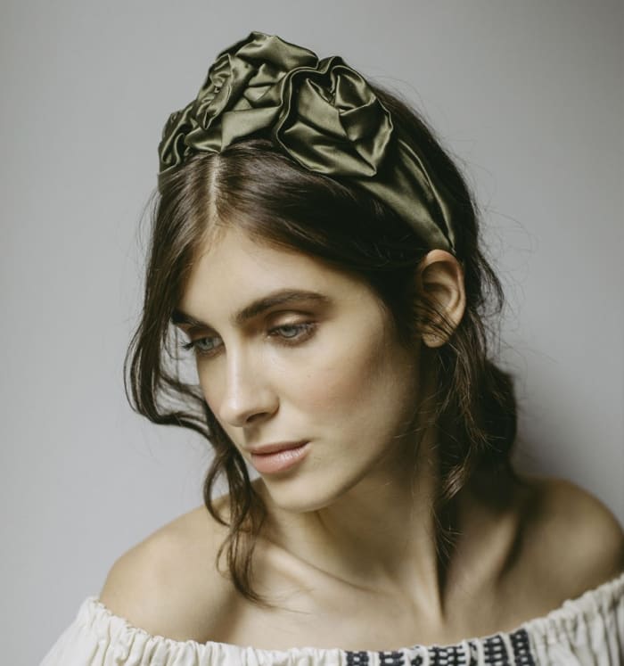 Jennifer Behr Rosette headband in Olive, $325, available here.