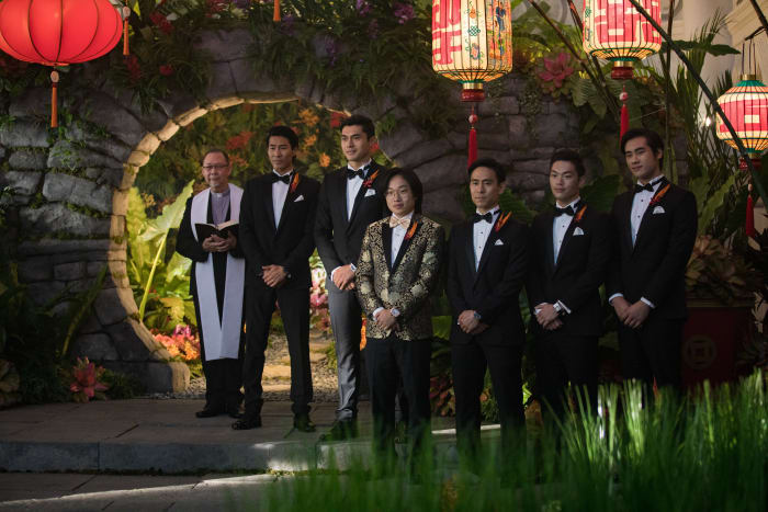 Colin (Chris Pang) and Nick in Dolce & Gabbana and Bernard (Jimmy O. Yang) in Aston Blake. Photo: Sanja Bucko
