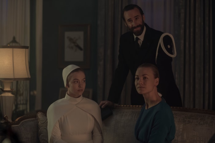 Eden (Sydney Sweeney), Fred (Joseph Fiennes) and Serena Joy (Yvonne Strahovski). Photo: George Kraychyk