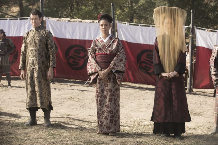 Simon Quarterman as Lee Sizemore, Thandi Newton as Maeve Millay and Rinko Kikuchi as Akane in 'Westworld,' costume design by Sharen Davis with kimono specialist consultation by Laura Wong.